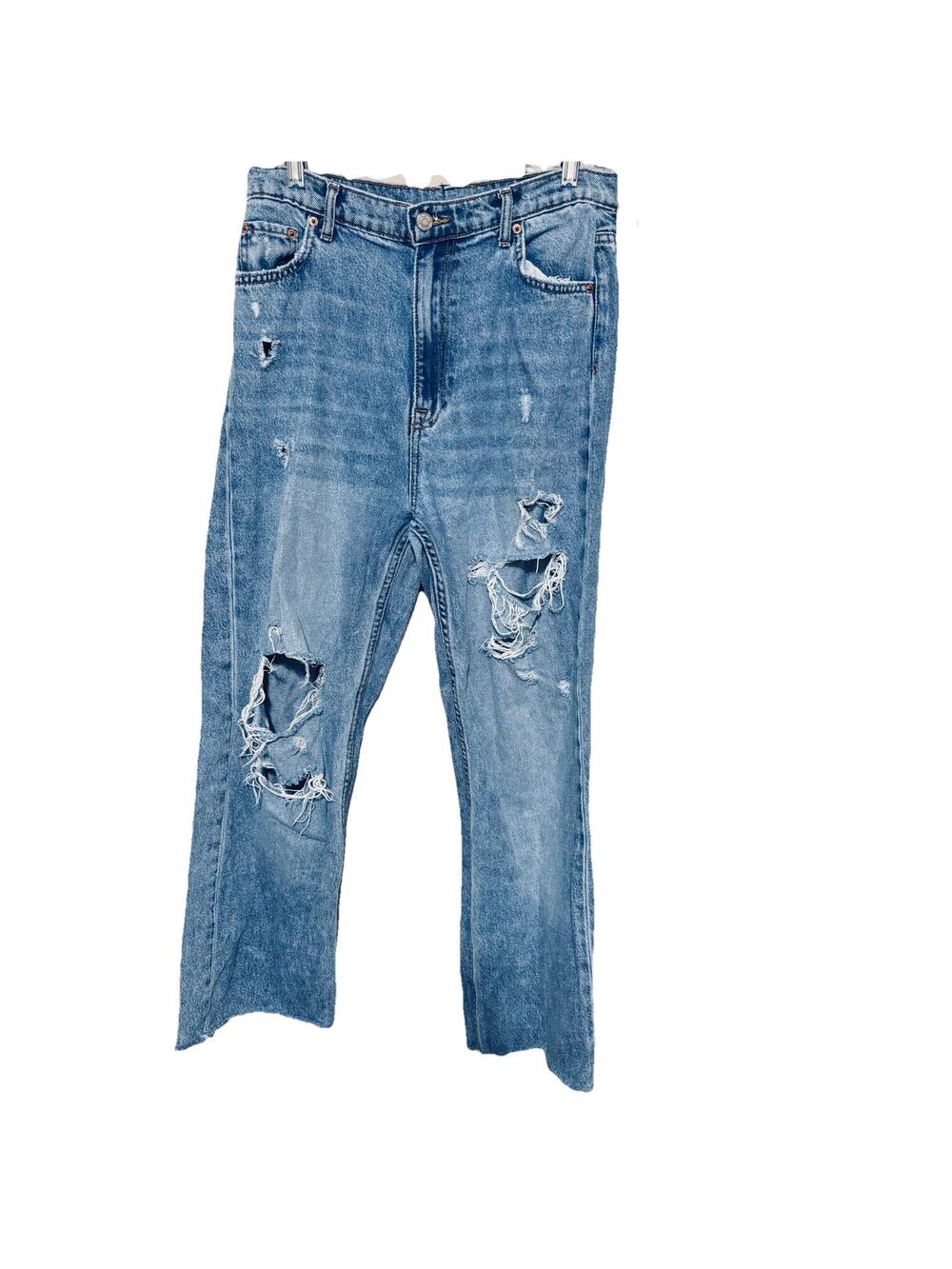 Zara High Waist Straight Leg 90s Full Length Jeans Sz 26/27 Thrashed Distressed